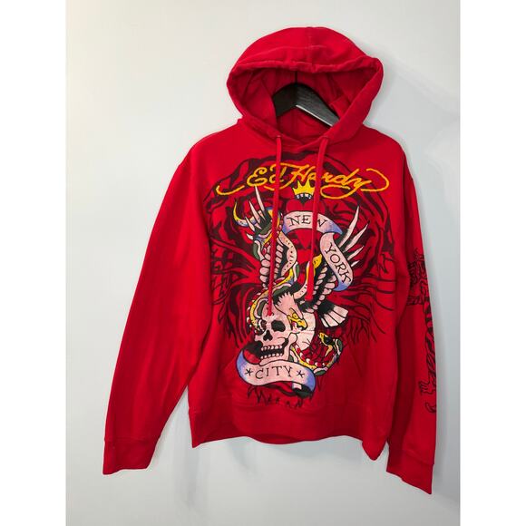 Ed Hardy New York Hoodie Mens Red Eagle Snake Skull Pullover Red Sz L - Picture 4 of 11